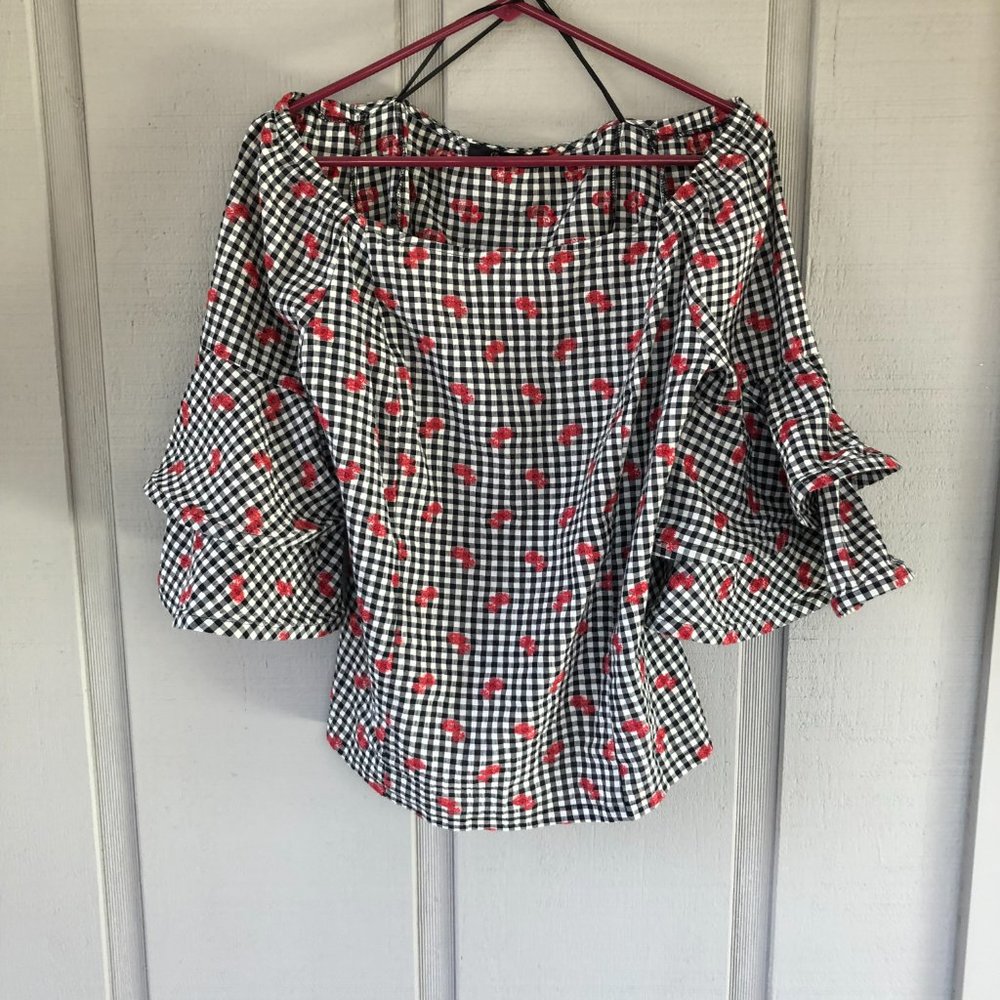 Conspiracy Embroidered Off Shoulder Unique Checkered Top Large